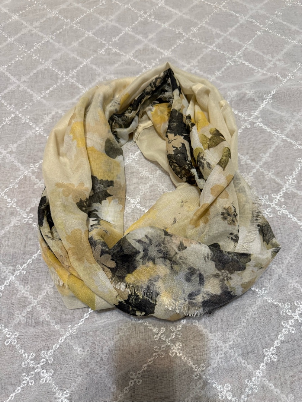 Floral Lightweight Infinity Scarf in Cream and Yellow